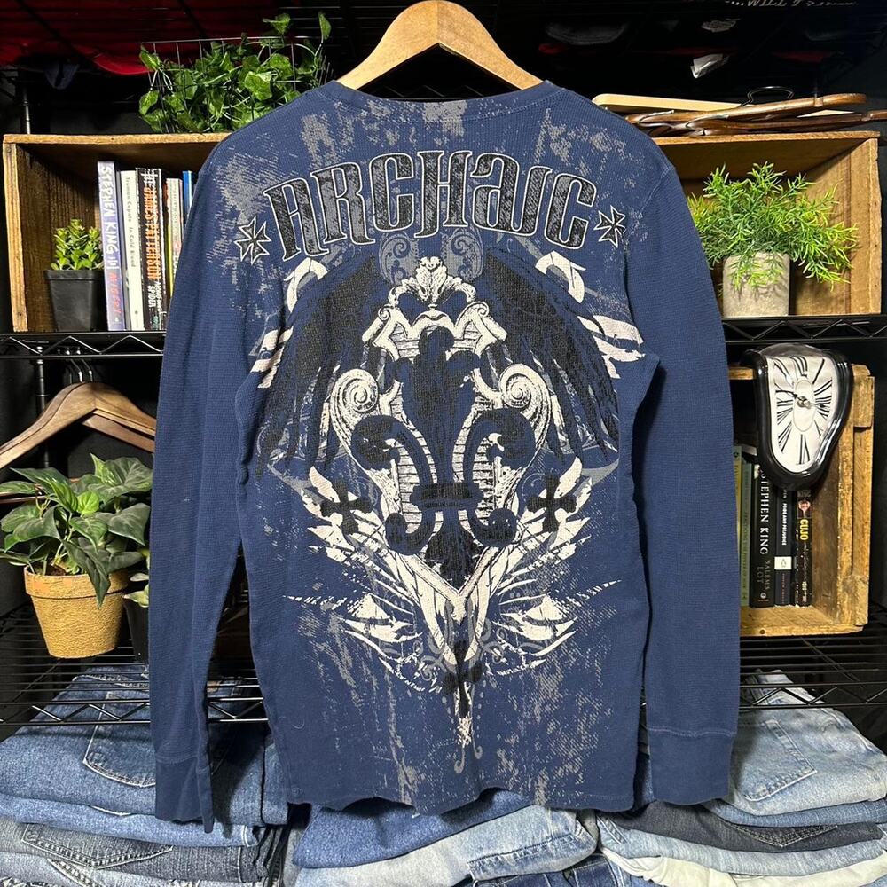 Vintage Y2K Archaic Affliction Thermal Long Sleeve Shirt AOP Grunge 2000s Tee